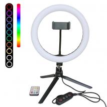 METTLE RGB Selfie-Ringleuchte Ringlampe RL-10 Ø 25 cm, Tisch-Ringlicht mit Stativ, FB, Smartphone-Halter, USB 
